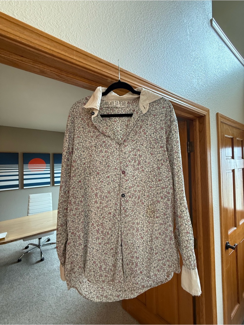 Magnolia Pearl Cream Floral Button-Up Blouse Jacket with Pink Accents